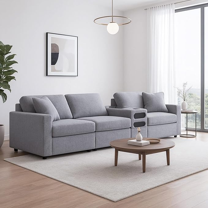 Signature Design by Ashley Modmax Casual Modular Stain Resistant 4-Piece Sectional with Audio Console, Drawer Storage, USB Ports and 2 Accent Pillows, Gray