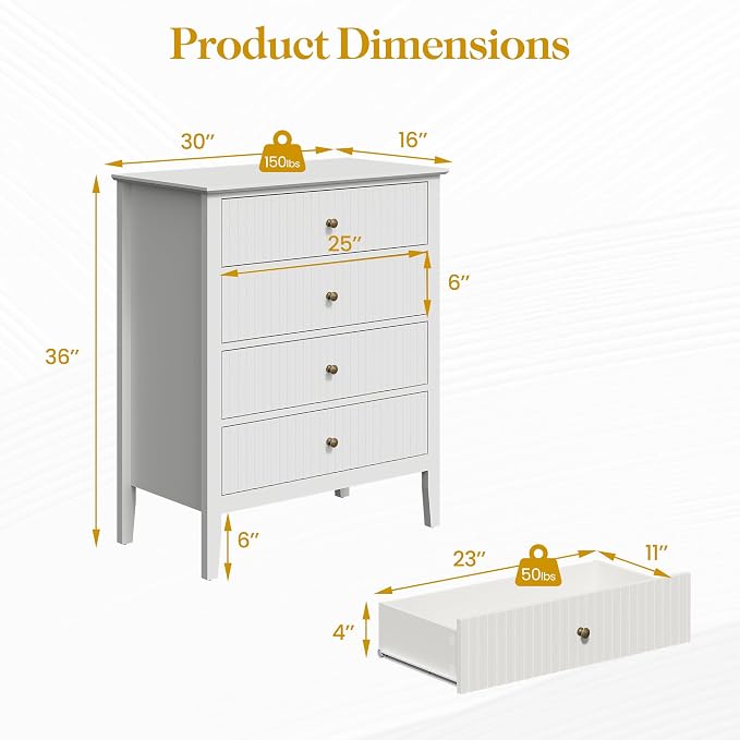 RoyalCraft White Fluted 4 Drawer Dresser Set of 2 for Bedroom, Modern Chest of Drawers, Wood Dresser for Storage Clothes, Wooden Storage Cabinet Nightstand for Bedroom, Hallway, Living Room, Entryway - Image 2