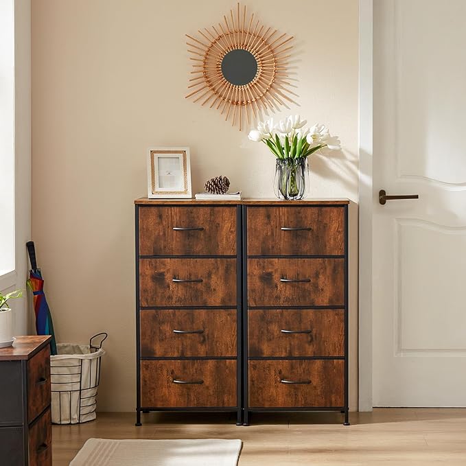 Simple Deluxe 4 Drawer Dresser, Fabric Storage Tower Organizer with Sturdy Steel Frame and Wood Top, Easy Pull Handles, for Bedroom, Entryway, Hallway, Brown