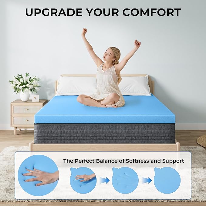 OhGeni Memory Foam Mattress Topper Pad, Soft Bed Cover with Anti-Slip Base, Size Queen, Style 2 Inch with Cover