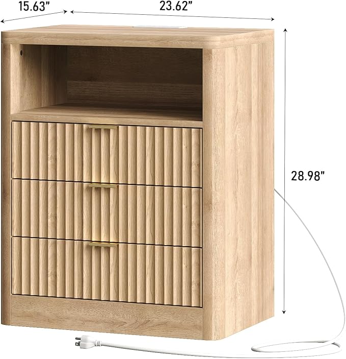 FUSOU Fluted Night Stand, Nightstands with Charging Station and LED Lights, Modern Bedside Table with 3 Drawers and Open Shelf, End Table with Storage, Nightstand for Bedroom, Living Room, Natural Oak - Image 3