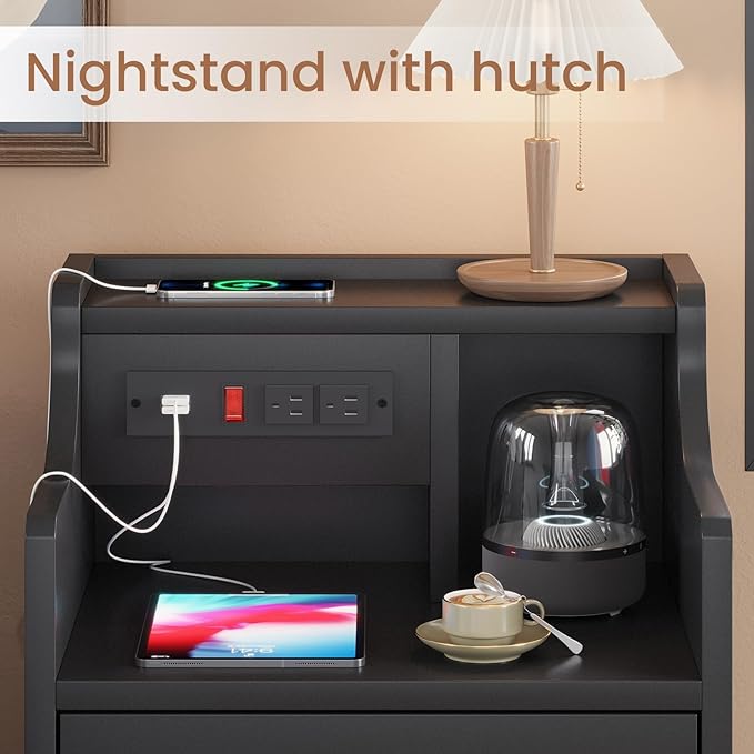 ADORNEVE Nightstand with Charging Station,Black Night Stand for Bedroom,End Table with Hutch & Storage Drawers - Image 3