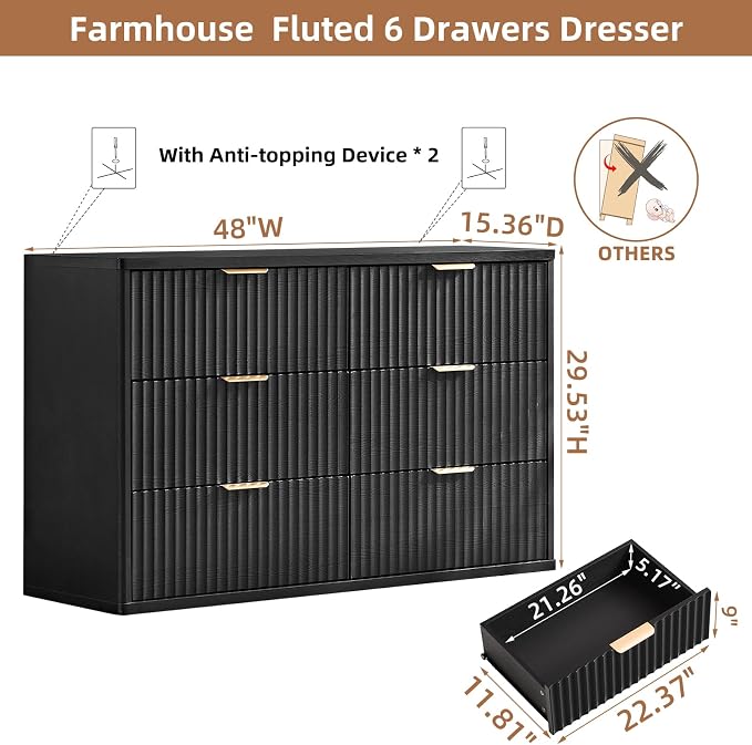LEYAOYAO Fluted 6 Drawers Dresser Set of 2, 48" Wide Modern Chest of Drawers with Woodgrain Top, Curved Profile Design, Dresser TV Stand, Wooden Drawer Organizer for Bedroom, Living Room,Black - Image 3