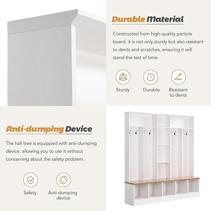 Merax 66.9" Wide Hall Tree with Storage Bench, Shoe Cabinet with Cube, & Shelves, Coat Rack with 8 Hooks for Entryways - Image 3