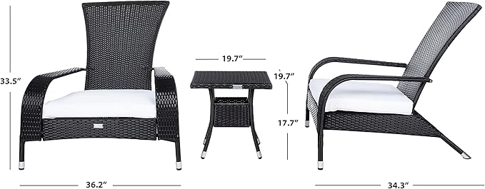 SAFAVIEH Outdoor Patio Furniture Collection Edna 3-Piece Lounge Set with Black Faux Rattan Armchairs, Cushions & Side Table, Conversation Seating (PAT7719A)