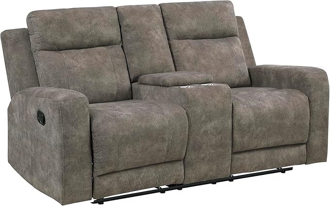 Lexicon Manual Double Reclining Loveseat, Textured Microfiber Manual Wall Hugger Loveseat Recliner for Living Room, Center Storage Console/Cup Holders/Track Arm, Easy Assembly, Brown