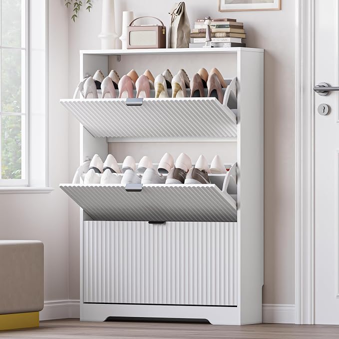 BORNOON Entryway Shoe Cabinet with 3 Flip Drawers, Narrow Shoe Organizer Cabinet with Fluted Panel and Adjustable Shelves for Foyer, Hallway by BORNOON