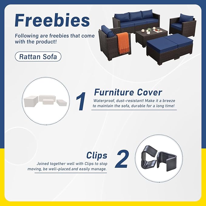 6 Pieces Patio Outdoor Furniture Conversation Sets Patio Wicker Sofa Set with Outdoor Couch Patio Chairs and Storage Table Non-Slip Cushions Waterproof Covers, Navy Blue