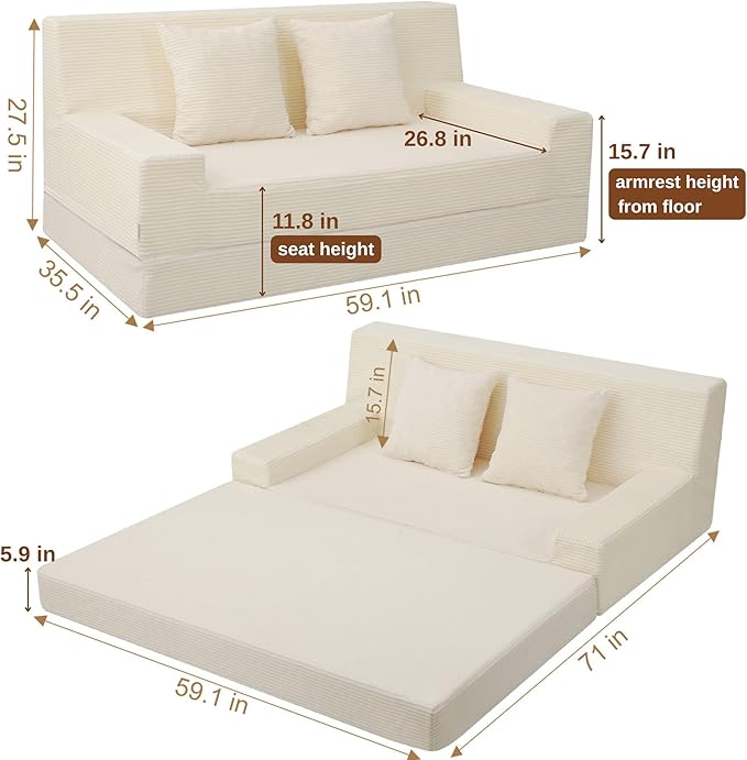 MeMoreCool Boneless Folding Queen Sofa Bed – Corduroy Convertible Futon Sleeper Couch with Foam Core & Pillow, Washable Cover, Space-Saving Floor Sofa for Living Room, Guest Bedroom, Apartment