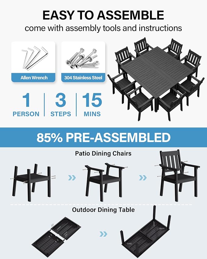 YEFU HIPS Patio Table Set: 10 Piece Outdoor Table and Chairs Dining Furniture Set with Umbrella Hole - Black Modern Plastic Dining Sets 8 Person for Outside Deck with Metal Aluminum Frame - Image 2