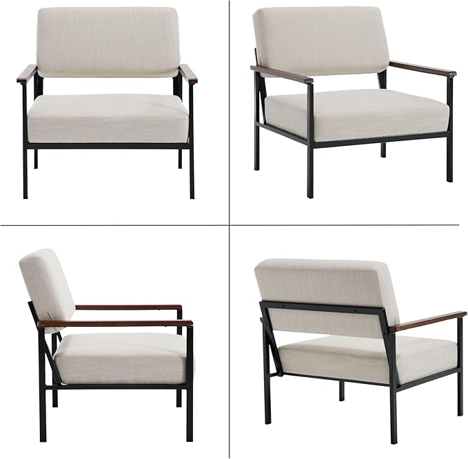 Mid Century Modern Beige Accent Chairs Set of 2, Comfy Arm Chairs with Black Metal Frame Soft Linen Fabric Upholstered Armchairs Living Room Chairs Lounge Chairs Reading Chairs for Bedroom/Office