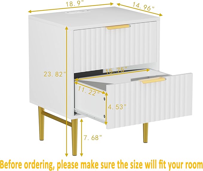 HQZX White Nightstand with Charging Station, Fluted Night Stand with Wide Tabletop, Modern Bedside Table with 2 Drawers, White and Gold Nightstand, End Tables for Bedroom - Image 2
