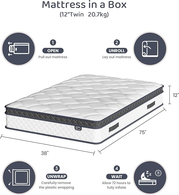 Twin Size Mattress,12 Inch Hybrid Mattress Individual Pocket Spring Multilayer Hybrid In A Box,Ergonomic,Medium Firm Support Motion Isolation,Sleep And Pain Relief Certipur-US (12 Inch, twin)