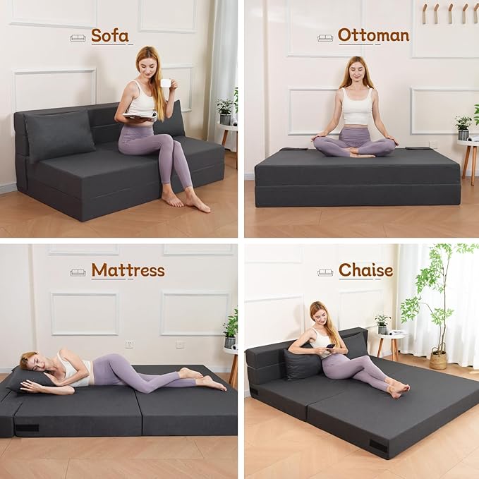 Folding Sofa Bed with Pillow, Foldable Bed Sleeper Chair with Washable Cover, Convertible Sofa Chair, Fold Out Couch,Futon Couch for Living Room, Dorm, Guest Room, Queen Size, Dark Grey