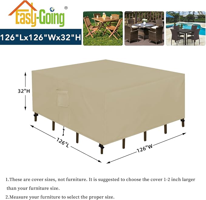 Easy-Going Square Patio Furniture Cover Waterproof Outdoor Dining Table and Chair Cover Anti-UV Outside Sectional Sofa Set Covers (126"L x 126"W x 32"H, Camel) - Image 2
