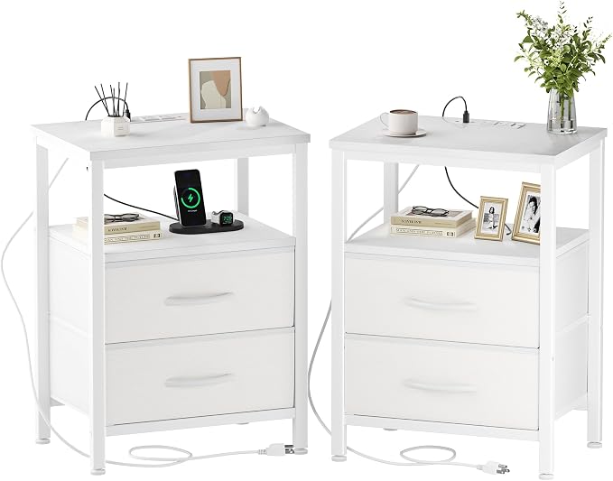 OLIXIS Nightstands Set of 2 with Charging Station, Bedside Table with USB Ports & Type-C, 2 Fabric Drawers Night Stand with Open Shelf, Compact End Table for Bedroom, White by OLIXIS