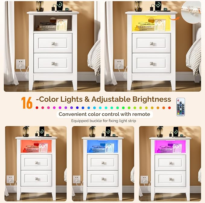 Bonnlo White Nightstand Set of 2 with Charging Station & Led Lights Night Stands White Bedside Table, Wooden Nightstands with Drawers, Modern Nightstand for Bedroom, 15.75" W*13.78" D*23.62" H - Image 6