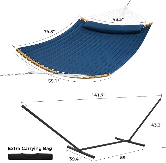 SUPERJARE Curved-Bar Hammock with Stand, 2 Person Heavy Duty Hammock Frame, Detachable Pillow & Portable Carrying Bag, Perfect for Outdoor & Indoor, Navy Blue - Image 8