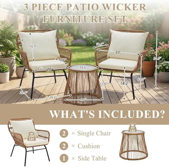 Bezseller 3-Piece Outdoor Patio Set - 20" Wide Seating w/ 2" Thick Cushions, 14.2" Seat Height - Modern Boho Furniture for Gardens, Balcony & Apartments