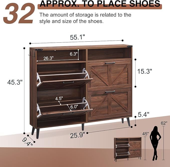 Barnyatoh Shoe Storage Cabinet,Farmhouse Shoe Organizer with 4 Flip Drawers & Barn Door Design,Freestanding Hidden Slim Narrow Shoe Rack Cabinet with Open Shelves for Entryway,Foyer,Hallway,Walnut - Image 2