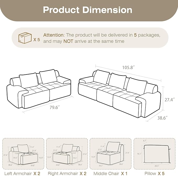 Modular Sectional Sofa, 6 Seat Modular Couch, Modular Sofa with Deep Seat and Detachable Pillow (White, Rowshape 2 Side)