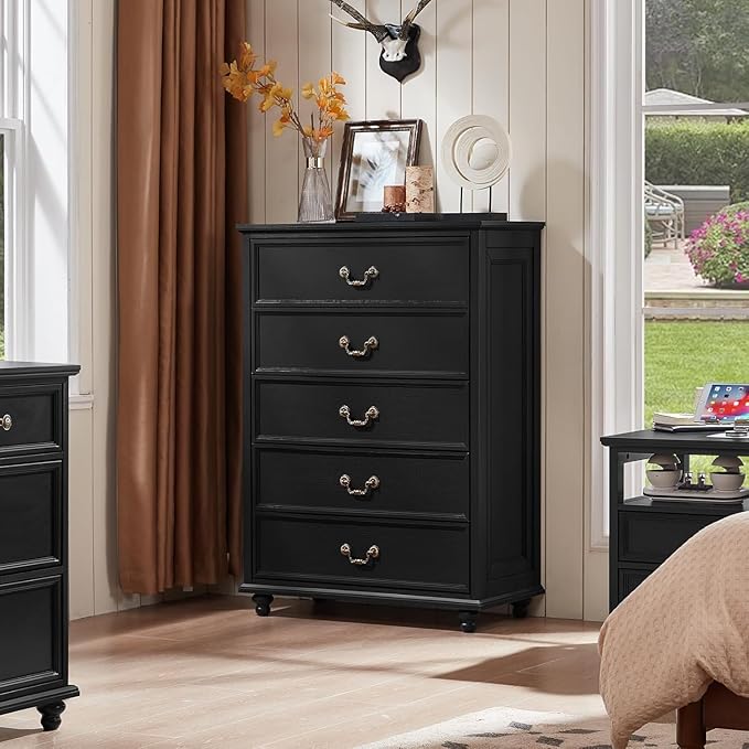 Joaxswe 24" Wide Farmhouse Nightstand with Charging Station Set of 2, 45" Tall Rustic Chests of 5 Drawers w/ 4 Solid Wood Feet, Farmhouse Furniture Series for Living Room,Bedroom,Black