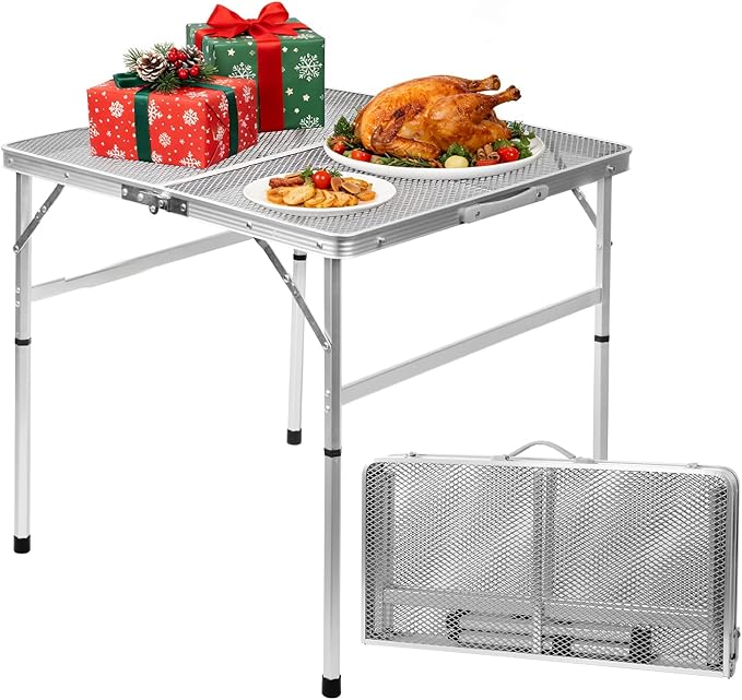 Square Folding Card Table with Adjustable Height (12" & 26"), Silver Portable Metal Mesh Table for Camping, BBQ, Picnic, Game, Patio & Indoor Use, Fits 2–4 People, Lightweight 7.6 lb, Supports 66 lb by EEASTSTORM