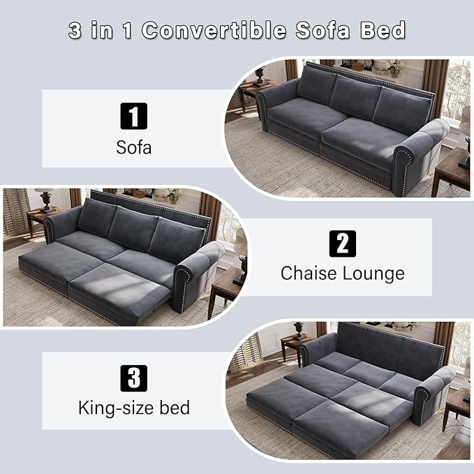 Eafurn 93.7" King Size Pull Out Sofa Bed, 3-in-1 Convertible Sleeper Sofa Couch Bed with Nailhead Decor and Rolled Arms, Velvet Oversized Chesterfield Loveseat Chaise Lounge