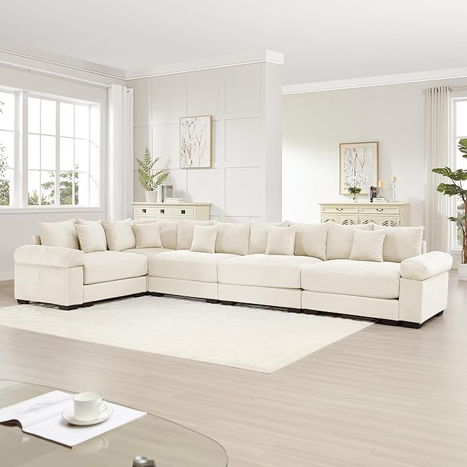 KEIKI 146" L-Shaped Oversized Corduroy Modular Cloud Sectional Sofa with High-Density Foam Cushion, Extra-Thick Armrest, Convertible 5-Seater Fluffy Corner Couch with 18 Pillow, for Living Room, Beige