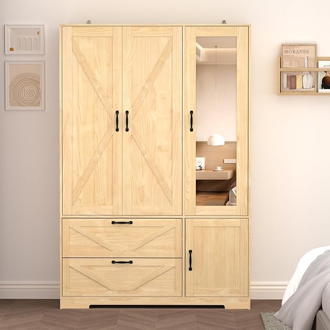 Armoire Wardrobe Closet with Drawers and Mirror, 72" Bedroom Wardrobe Cabinet with Motion Sensor Light, Hanging Rod & Adjustable Shelves, Bedroom Clothing Storage Closet with 3 Doors