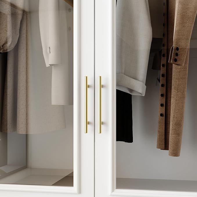 FUFU&GAGA Wardrobe Closet with Glass Doors, 3 Drawers, Modern White Bedroom Armoire with Gold Handles, Modern Clothes Storage Cabinet with Shelf, Hanging Rod, 31.7”W x 19.3”D x 74.8”H