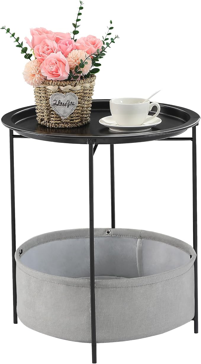 VECELO Round Side/End Table with Fabric Storage Basket，Metal Anti-Rust and Waterproof Small Bedside Nightstand with Removable Tray Top for Living Room，Balcony & Laundry，Black /1pcs with Basket by VECELO