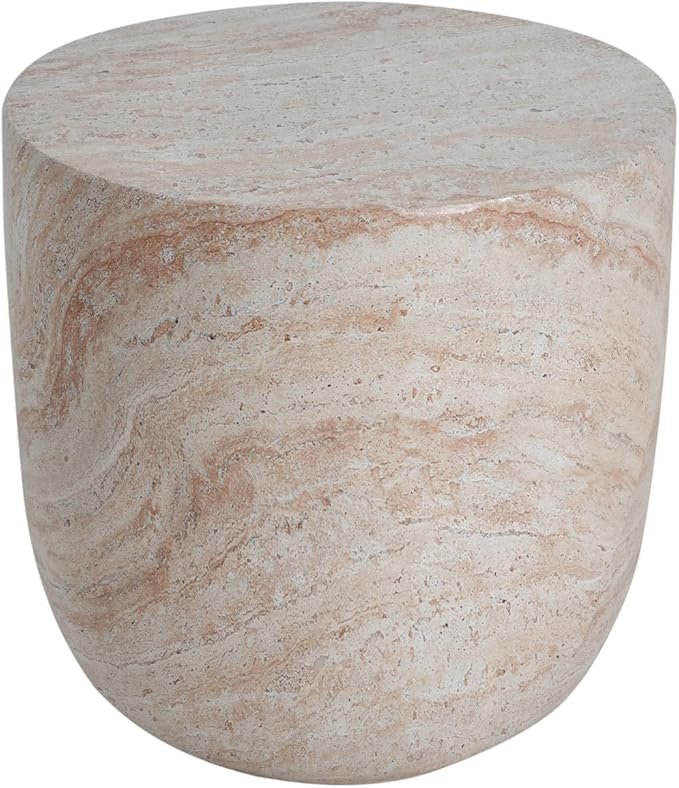KEVINSPACE Small Side Coffee Table Outdoor MGO Round Travertine Finish End Living Room Accent Sofa Bedside Couch Table Bedroom Apartment Indoor 15.5" W x15.75 H Lightweight Beige Concrete