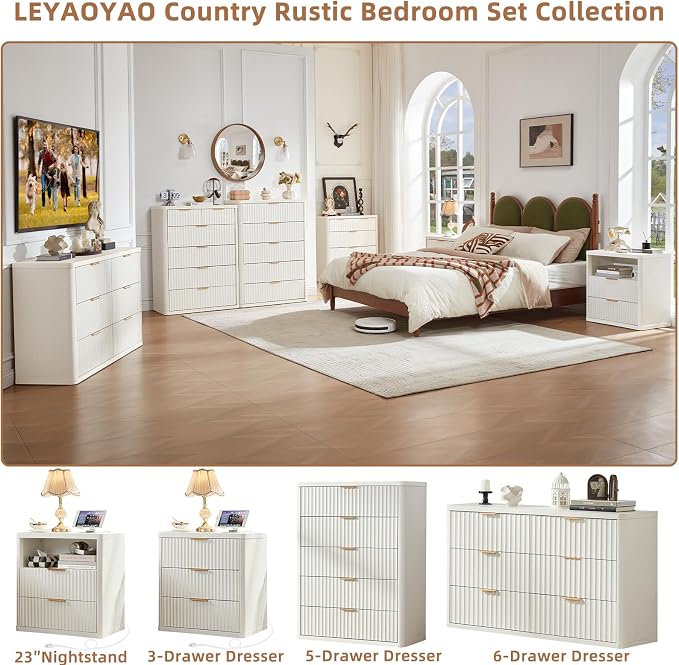 LEYAOYAO Fluted 5 Drawers Dresser for Bedroom, 41" Tall Modern Chest of Drawers with Metal Handle, Curved Profile Farmhouse Closet Organizer Wood Dressers TV Stand for Living Room,Antique White - Image 4