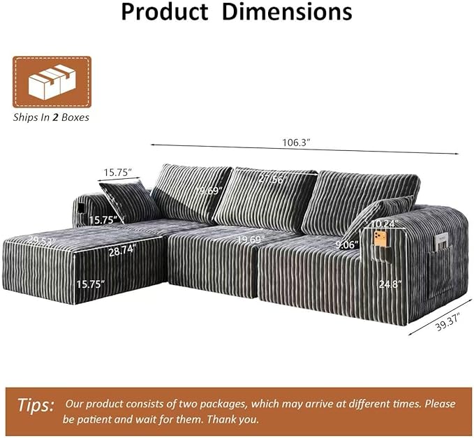 106" Boneless Couches for Living Room, Modular Sectional Sofa, L-Shape Sofa Couches,Cloud Couch Sectional, Comfy Corduroy Sofa, with Deep Seat, No Assembly Required (Gray, 3 Seater + 1 Ottoman)