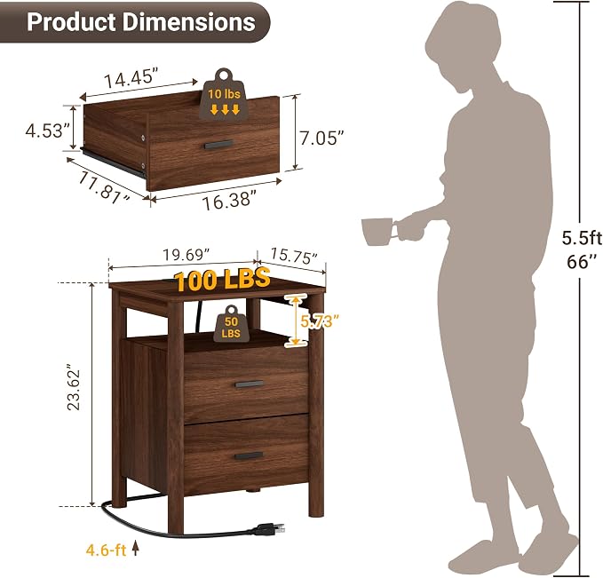 Night Stand Set 2, 20" Wide Nightstands Set of 2, Modern Nightstand with Charging Station, 2 Drawer Wooden End Table with Solid Round Post Legs, Bedside Table w/Storage for Bedroom, Walnut - Image 2