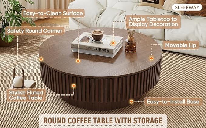 39.37'' Round Coffee Table with Storage, Modern Wooden Fluted Circle Coffee Table Unique Drum Center Table Wood Circular Tea Table for Living Room, Office, Small Apartment, Walnut