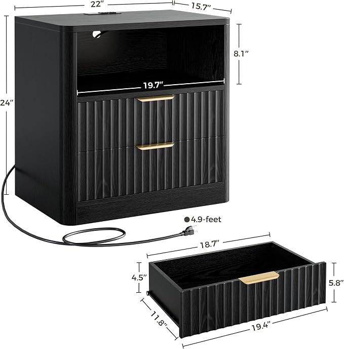 IRONCK Fluted Night Stand, Modern Nightstand with Charging Station, Drawers and Open Shelves - Bedside Table Wood Side Table for Bedroom, Black - Image 3