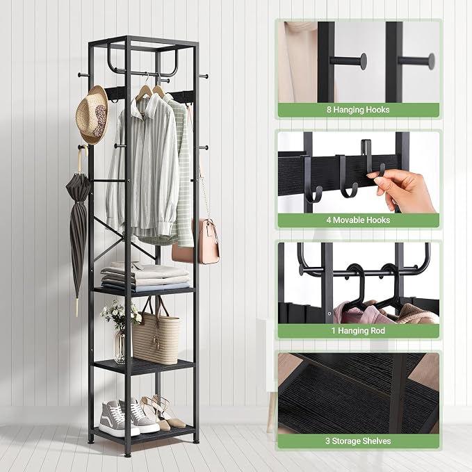 ELYKEN Coat Rack Freestanding, Hall Tree with 3 Storage Shelves and 12 Hooks, Metal Clothes Rack Stand Organizer for Bedroom, Hallway, Entryway, Office, Living Room, Black - Image 7
