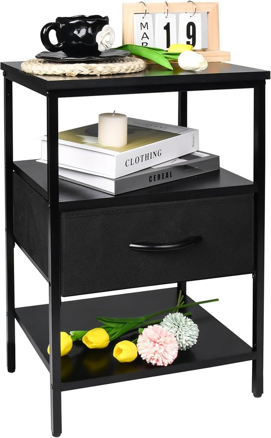 Black Nightstand with Fabric Drawer and Wood Shelf, Waterproof Surface Bedside Table, Eco-Friendly Small Side Table for Bedroom by Unknown