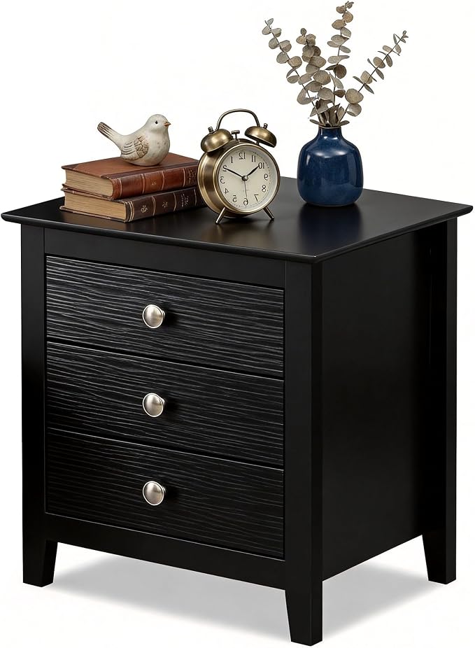 KOMFOTT Modern Farmhouse Nightstand with 3 Drawers, Bedside Table with Wood Grain Fronts & Sleek Knobs, Wooden End Table Sofa Side Table for Bedroom Small Spaces (Black,1) by KOMFOTT