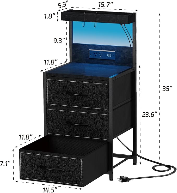 SZLHANJZ LED Nightstand with Charging Station, Night Stand with 3 Drawers and Lights, Storage Side Table with Shelf and Hooks, Tall End Table for Bedside, Bedroom, Modern Black - Image 3