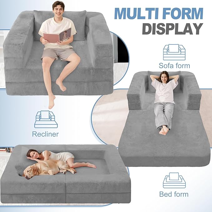 Futon Sofa Bed with Pillow, 3-in-1 Sleeper Sofa Bed with Removable Cover, Convertible Floor Sofa Bed, No Assembly Boneless Couch for Living Room, Bedroom