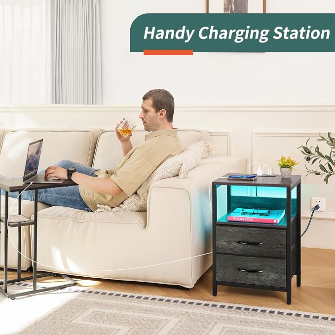 Yoobure Nightstand with Charging Station, LED Night Stand with Fabric Drawers and Storage Shelf for Bedroom, Nightstands Bedside Tables with USB Ports & Outlets, Small Night Stands, Bed Side Table - Image 4