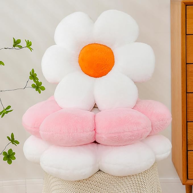 CANGHI Flower Pillow, White Yellow 15.7 inch Flower Shaped Throw Pillows Daisy Plush Pillow Floor Pillows Seat Cushion Cute Aesthetic Decorative Throw Pillows for Bed Home Sofa Chair Couch Decor
