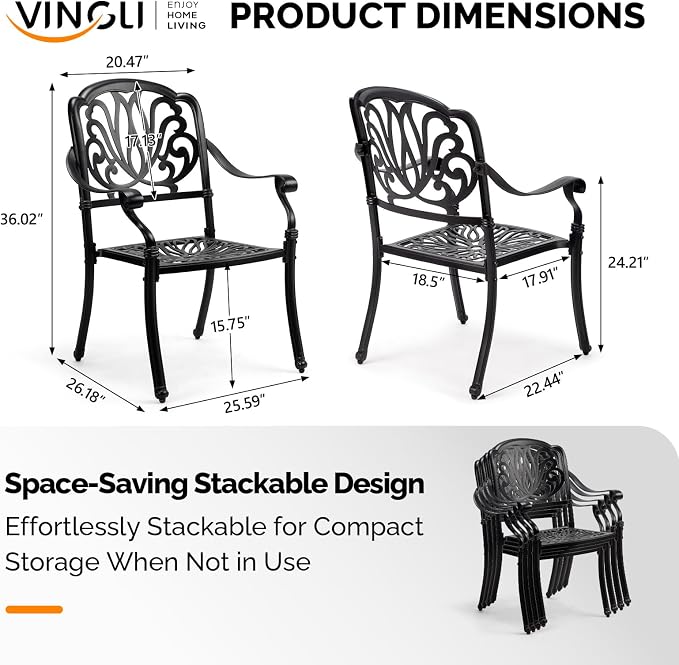 VINGLI Patio Chairs Set of 2 - Stackable Outdoor Cast Aluminum Dining Chairs with Vintage Black Finish and Floral Pattern, Metal Armchairs for Poolside, Backyard, Balcony (No Cushion) - Image 3