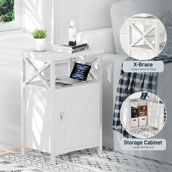 runjuly Wooden Nightstand with Lock, Bed Side Table with Drawers, Bedside Table with Charging Station, 3 USB & 2 Outlets, Night Stand with Storage, End Tables for Bedroom, Dorm, White - Image 6