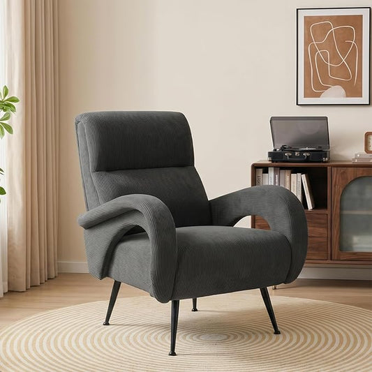 Corduroy Living Room Accent Chairs, Comfy High Back Reading Chair with Curved Arms and Solid Legs, Upholstered Armchair for Bedroom, Reading Nook, Apartment, Dark Grey