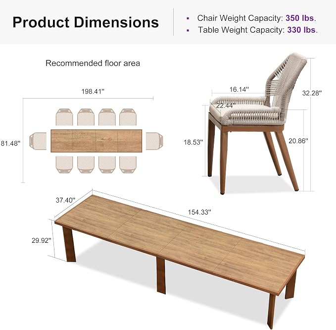 PURPLE LEAF 11 Pieces Patio Dining Set Aluminum Oversize Rectangular Table and Wicker Chairs with Cushions for Kitchen Porch Garden Modern Outdoor Furniture Sets - Image 8