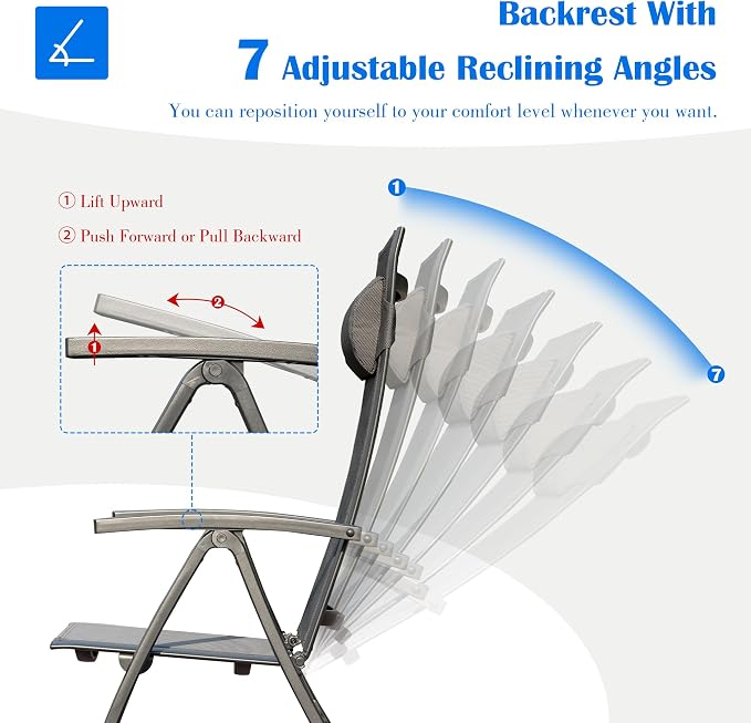 Domi Patio Folding Chairs Set of 2, Outdoor Reclining Chairs Set with Moveable Headrest, Aluminum Frame Outdoor Patio Portable Chairs with Adjustable High Backrest and Textilene Fabric Seat - Image 4